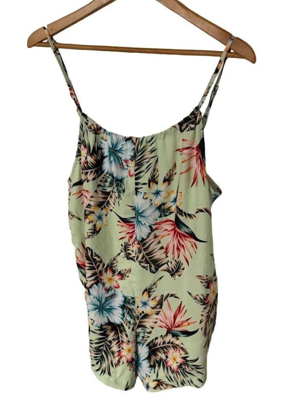Hurley Women's Green Tropical Floral Print Spaghetti Strap Romper with Pockets